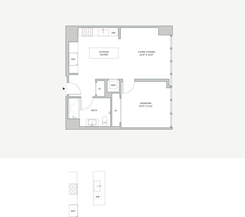 Floor plan for 1 bed, 1 bath, 650 sqft